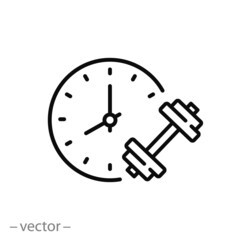 time for fitness icon, clock with dumbbell, workout in gym, time training, concept sport exercise, thin line symbol on white background - editable stroke vector illustration