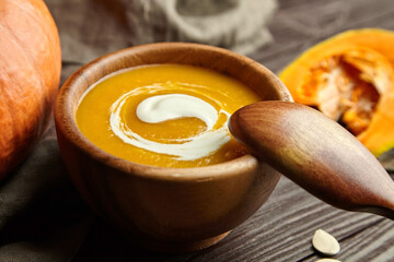 Autumn pumpkin cream soup closeup