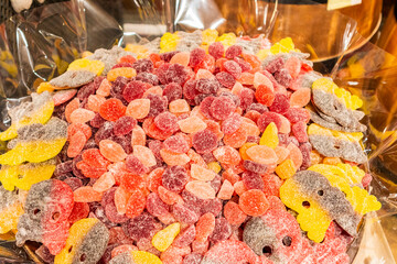 Colored marmalade in a box beautifully stacked  macro sweet food  candy