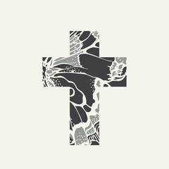 Sign of the Christian cross with the texture of a butterfly wing on a light background. Creative vector illustration, religious symbol, icon, logo, emblem, t-shirt design, print, design element