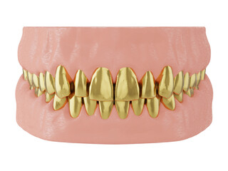metal golden teeth in the jaw, golden crown of a teeth, 3d render