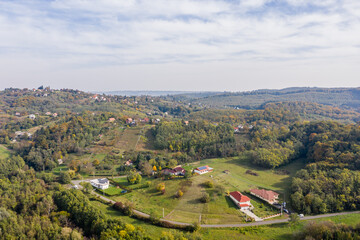 Obraz premium Drone photo of Csacs district on a foggy autumn morning in City Zalaegerszeg, Hungary