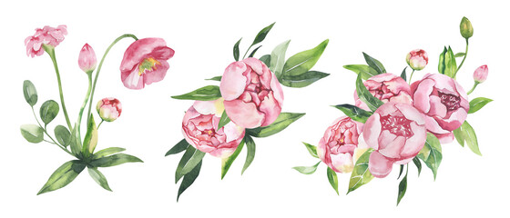 Watercolor floral illustration - leaves and branches frame with flowers and leaves for wedding stationary, greetings, wallpapers, background. Roses, green leaves. High quality illustration