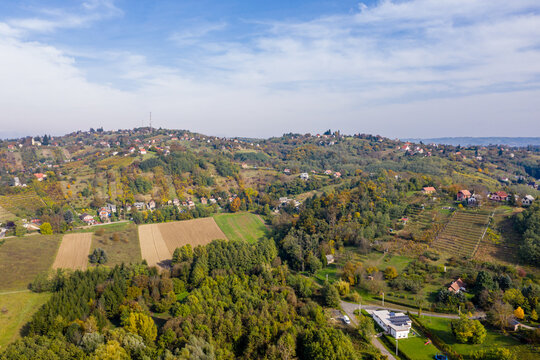Drone photo of Csacs district on a foggy autumn morning in City Zalaegerszeg, Hungary