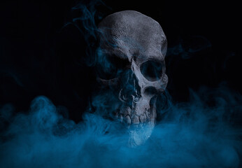 Scary grunge skull wallpaper. Mystical smoke background with free space for text. 