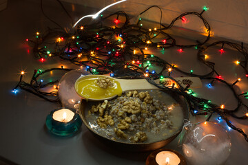 Christmas kutia from wheat, raisins and nuts, selective focus
