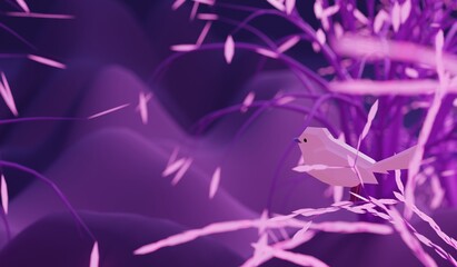 low poly polygonal bird sitting on a branch pink tree in fairy forest, 3d render