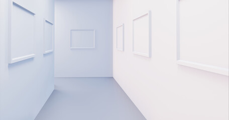 Gallery Interior with empty frames on wall, white corridor. 3d illustration