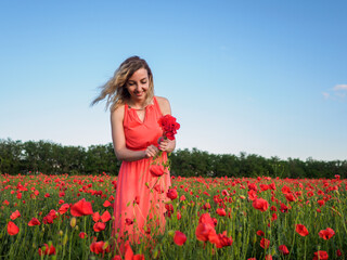 Young girl in a red dress in a poppy field
