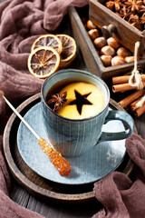 Still life with tea cup on wooden background