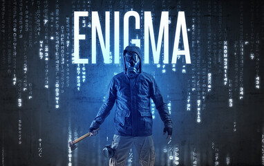 Fototapeta na wymiar Faceless hacker with ENIGMA inscription, hacking concept