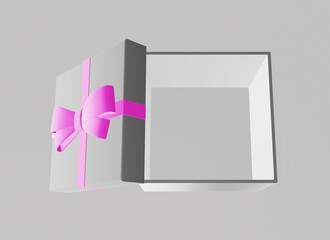 empty opened gift box with bow on gray background, top view, 3d illustration