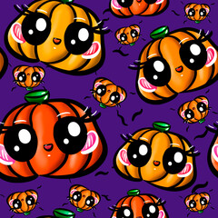 pattern for halloween. funny pumpkins on purple background