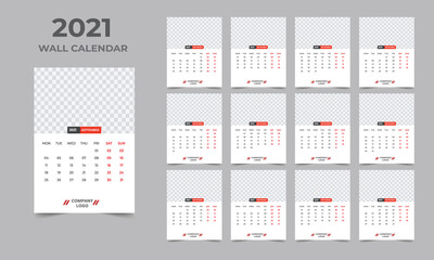 Wall calendar design 2021 template Set of 12 Months, Week starts Monday