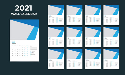 Fototapeta na wymiar Wall calendar design 2021 template Set of 12 Months, Week starts Monday