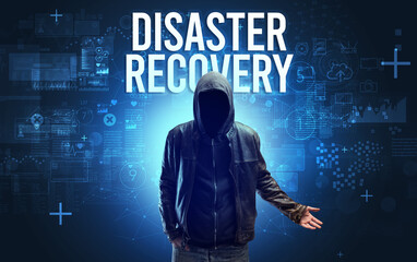 Faceless man with DISASTER RECOVERY inscription, online security concept