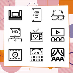 Simple set of 9 icons related to movie house