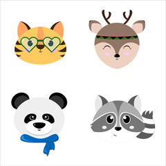 Set of animals heads - panda, deer, raacoon, tiger