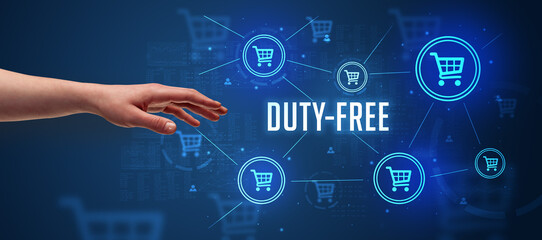 Close-Up of cropped hand pointing at DUTY-FREE inscription, online shopping concept