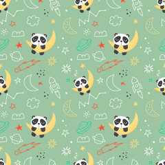 Seamless pattern with panda in the space