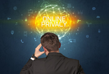 Rear view of a businessman with ONLINE PRIVACY inscription, online security concept