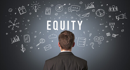 Rear view of a businessman with EQUITY inscription, modern business concept