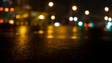 Wet asphalt, night view, neon reflection on the concrete floor. Night empty stage. Dark abstract...