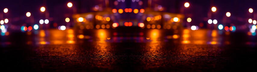 Wet asphalt, night view, neon reflection on the concrete floor. Night empty stage. Dark abstract...