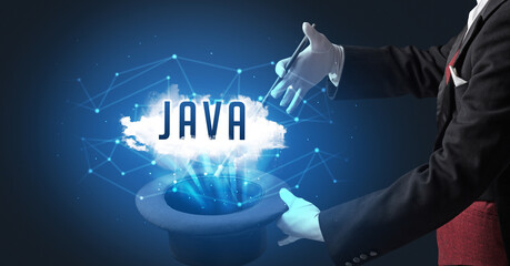 Magician is showing magic trick with JAVA abbreviation, modern tech concept