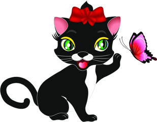 Cute kitten playing with a butterfly.