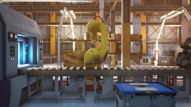 Automatic Assembly line. Robots work in a factory for the production and Assembly of robots. Technology and automation. Animation for fiction, industrial, and sci-fi backgrounds.