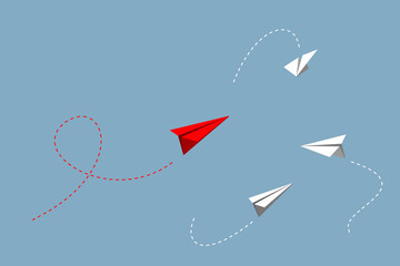 Business team success concept. Group of white paper planes fly around a red plane against a blue background. 3d rendering