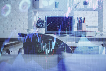 Double exposure of financial graph drawing and office interior background. Concept of stock market.