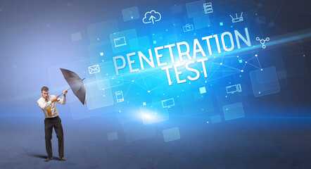 Businessman defending with umbrella from cyber attack and PENETRATION TEST inscription, online security concept