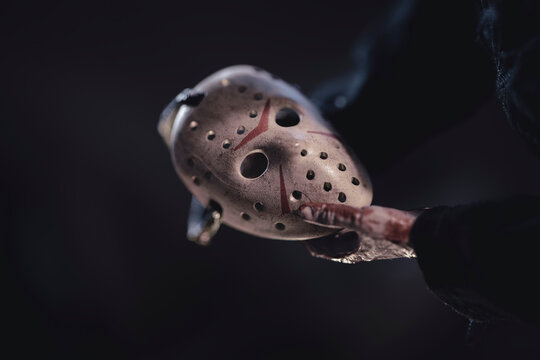 NEW YORK USA, OCT 25 2020: Friday the 13th slasher Jason Voorhees and hockey mask  - Neca action figure