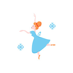 Vector Christmas illustration of ballerina in blue dress and snowflakes around her. 