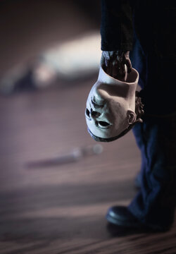 NEW YORK USA, OCT 25 2020: Halloween Slasher Michael Myers Holding The Boogeyman Mask  - Neca Action Figure