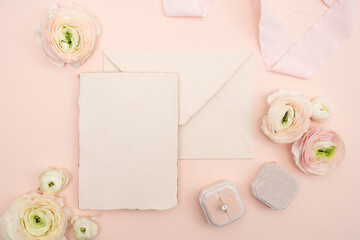 Fresh bridal stationery floral flat lay with copy space