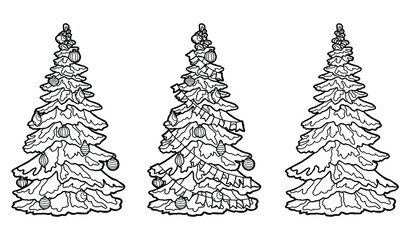 Vector illustration. Hand drawing art. Christmas tree covered with snow. Big spruce. A set of three decorated Christmas trees. Coloring page.
