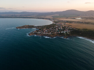 Fototapeta premium Sunset Aerial view of town of Chernomorets, Burgas Region, Bulgaria 