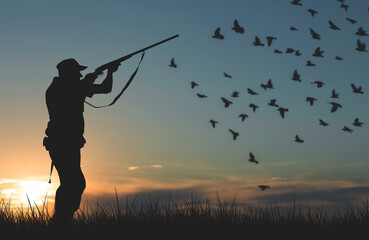Fototapeta na wymiar Silhouette of a hunter with a gun against the sun, an ambush for ducks.