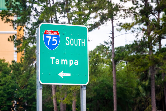 Tampa, USA road street interstate highway green arrow sign for i75 south to Tampa Florida with text closeup