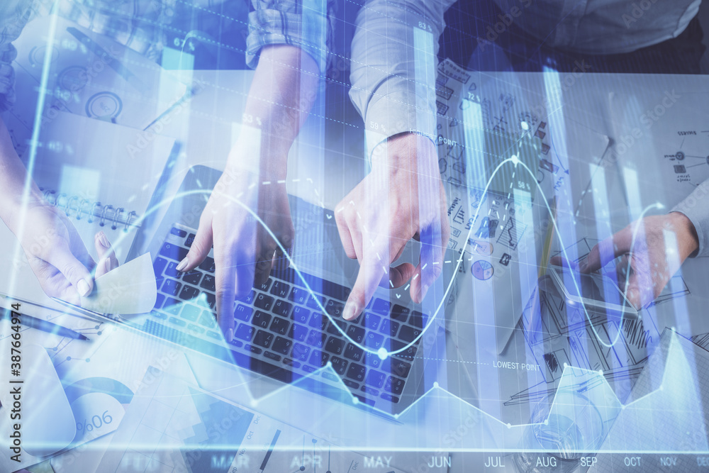 Poster double exposure of man and woman working together and forex graph hologram drawing. financial analys