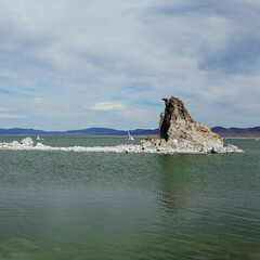 Mono Lake Tufa State Natural Reserve, California. Spectacular view of green water with single rock.
