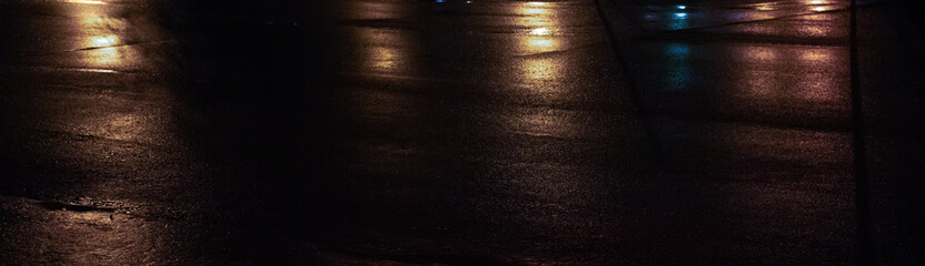 Wet asphalt, night view, neon reflection on the concrete floor. Night empty stage. Dark abstract...