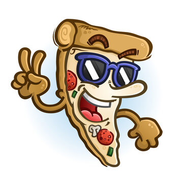A cool and stylish slice of pizza cartoon character giving an enthusiastic peace gesture while wearing sun glasses