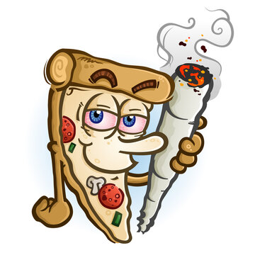 A hot delicious slice of pizza cartoon character holding a big rolled marijuana joint 