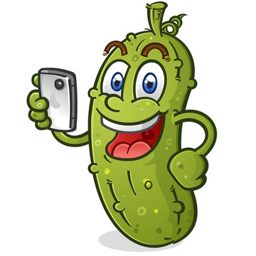 recommend clip art: A smiling happy pickle using it's mobile phone to shop online, take photos and browse the internet