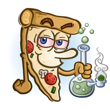 A hot slice of pizza character with bloodshot eyes getting high smoking marijuana out of a glass water bong