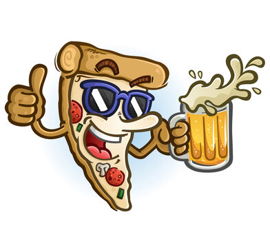 A cheerful cartoon pizza character with a big smile holding a frosty mug of beer, wearing sunglasses and giving a big thumbs up